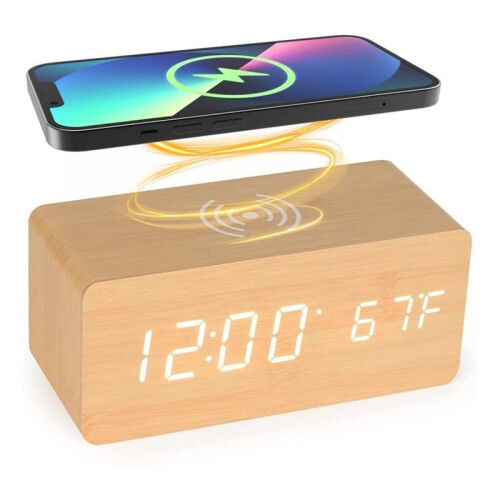 Wooden Digital Alarm Clock with Wireless Charging, LED Clock with , Date,Temperature, Desk Clocks 1