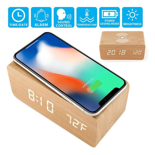 Wooden Digital Alarm Clock with Wireless Charging, LED Clock with , Date,Temperature, Desk Clocks 2