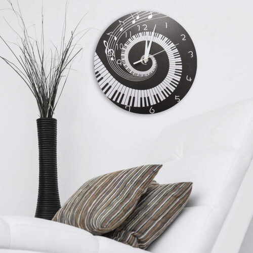2X Elegant Piano Key Clock Music Notes Wave Round Modern Wall Clock Without Battery Black + White Acrylic 1