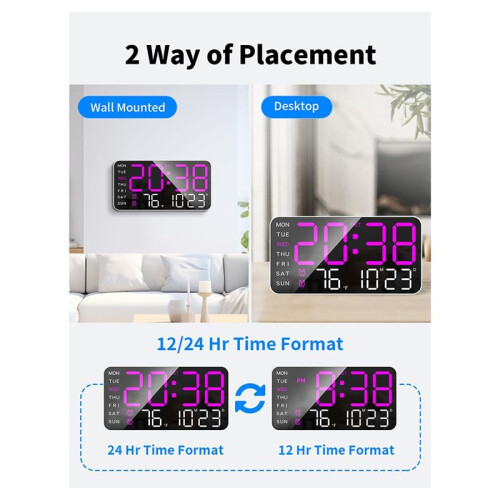 Relógio de Parede Digital  de 8,4 Polegadas, Despertador LED com Dígitos Grandes, Data, Temperatura, DST, para Sala, Quarto, Presente, Roxo 2