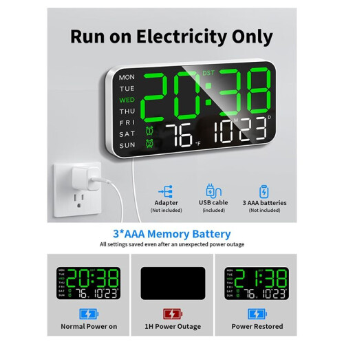 Relógio de Parede Digital  de 8,4 Polegadas, Despertador LED com Dígitos Grandes, Data, Temperatura, Horário de Verão, para Sala, Quarto,