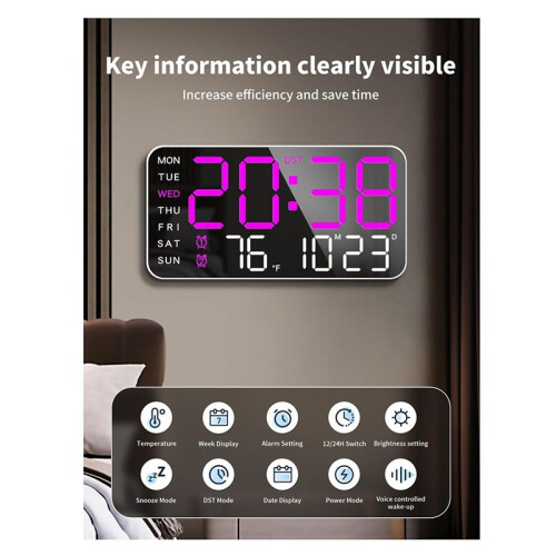 Relógio de Parede Digital  de 8,4 Polegadas, Despertador LED com Dígitos Grandes, Data, Temperatura, DST, para Sala, Quarto, Presente, Roxo 1