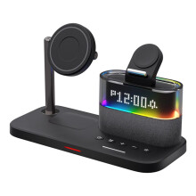 5 In 1 Supporto per Caricabatterie Wireless Magnetico con Luce Notturna A LED, Sveglia, Stazione di Ricarica Rapida, Nero