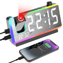 Projection Alarm Clock for Bedroom with RGB Night Light,7In Large LED Display,Dual Alarms,Temperature&Humidity,Snooze A