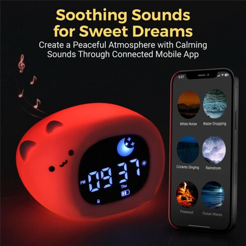Controlled Clock for Kids + Nightlight + Sound Machine - Color Changing Light, USB Plug, 12/24H, Routine Trainer 2