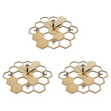 3X Cut Wood Clock Honey Bee Honey Comb Hexagon Nature Watch Wall Clock Geometric Kitchen Art Decor