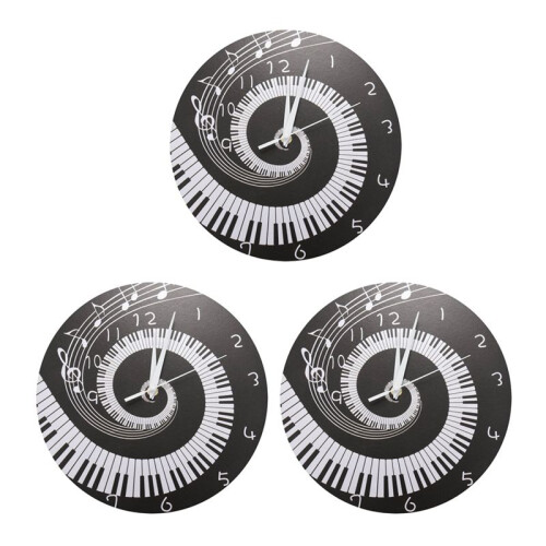 3X Elegant Piano Key Clock Music Notes Wave Round Modern Wall Clock Without Battery Black + White Acrylic