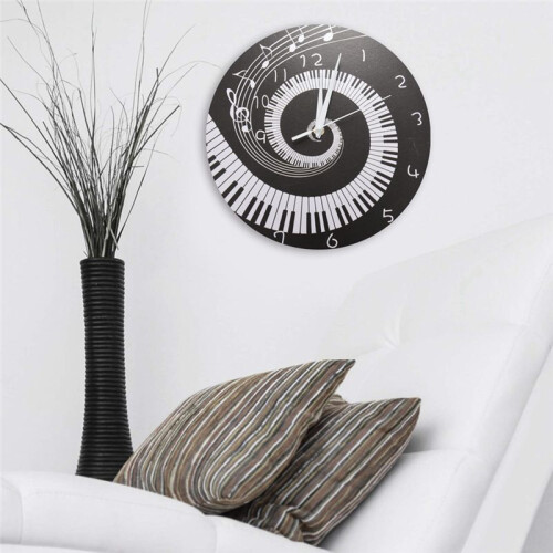 3X Elegant Piano Key Clock Music Notes Wave Round Modern Wall Clock Without Battery Black + White Acrylic 1