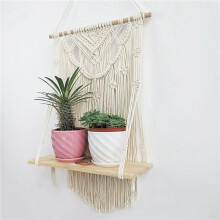 2X Macrame Wall Hanging Shelf, Single Tier Wood Floating Hanging Shelf Organizer Hanger, Boho Home Wall Decor
