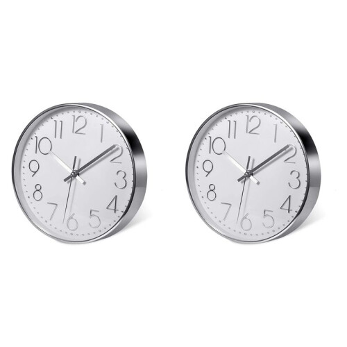 2X Premium Silver Wall Clock, Wall Decoration, Modern Silent Wall Clock for Home Office Kitchen (25cm, Silver)