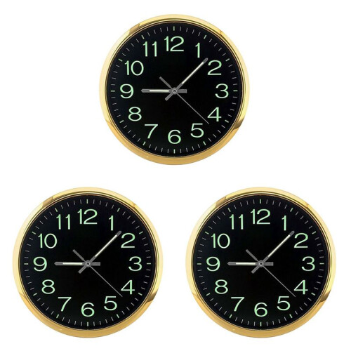 3X RelóGio de Parede Luminoso Redondo  de 12 Polegadas Que Brilha no Escuro DecoraçãO Interna Antiquada - Ouro