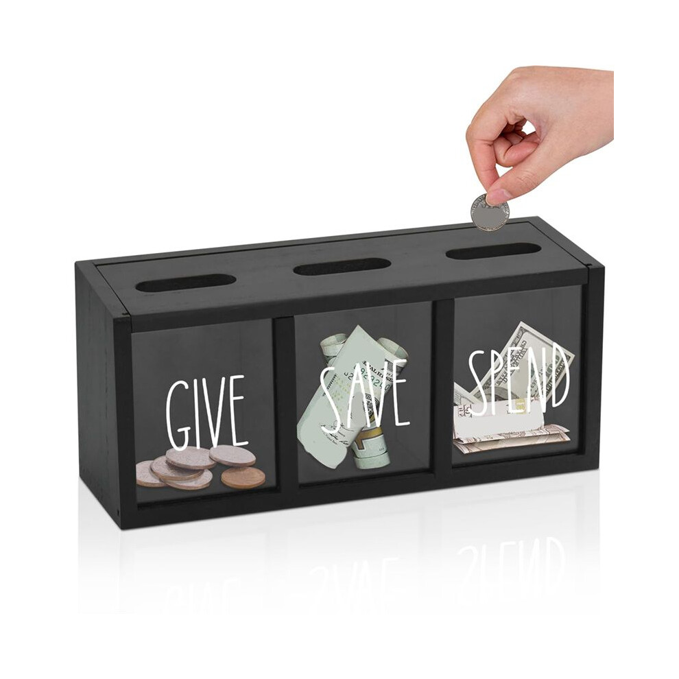 Wooden Give Save Spend Money Saving Box For Kids, Countertop Kid Piggy Bank For Daily Cash, Wall-Mount Kids Bank Black 6031095960454