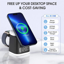 3 in 1 Charging Station,Alarm Clock,Night Light,Wireless Charging Dock, Phone Watch Charger Stand, Charger Combo Black