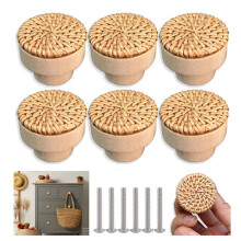 8PCS Rattan Rattan Woven Round Wooden Handle Handle Cabinet Door Rattan Woven Wooden Handle Single Hole Log Color Handle