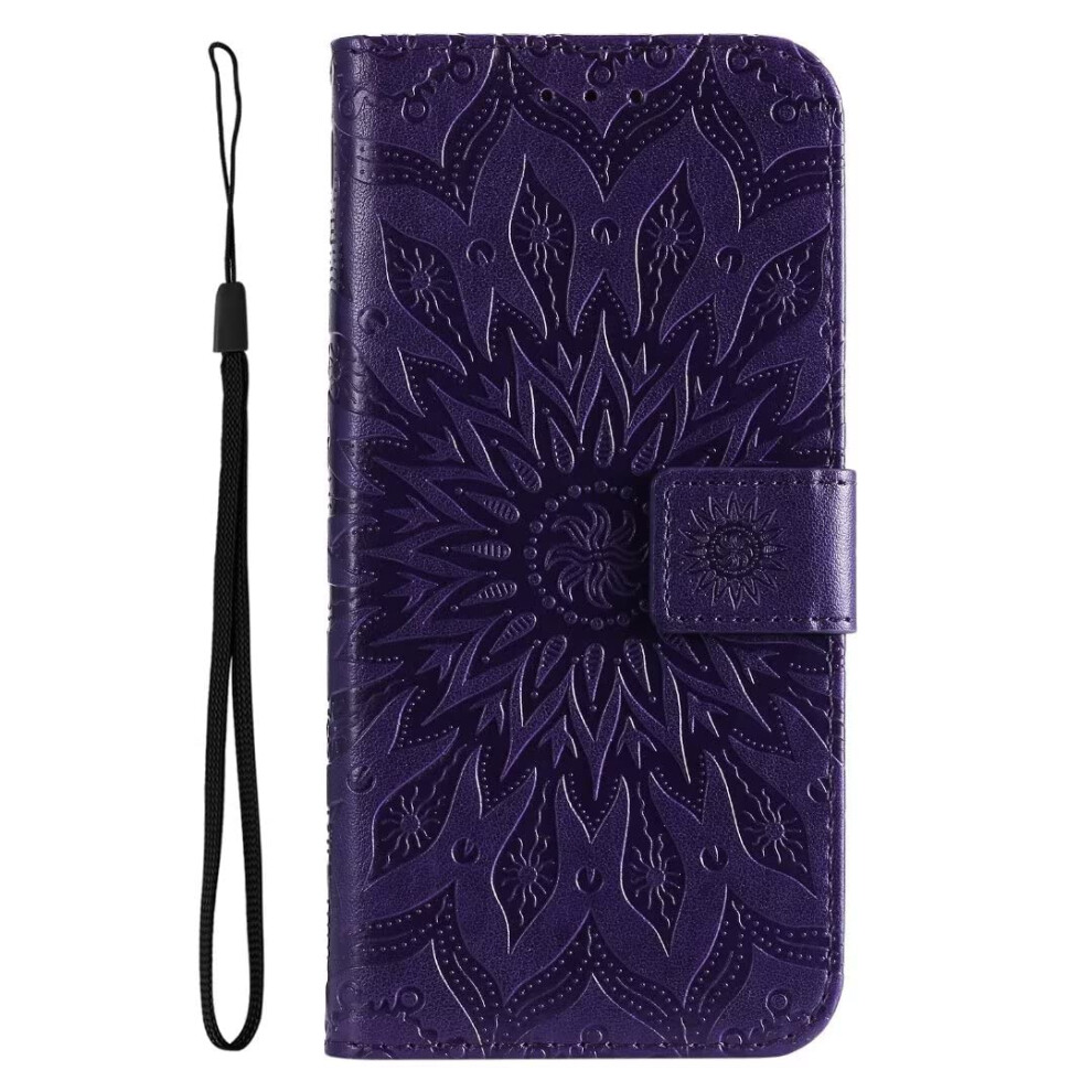 Sunflower Embossed Leather Wallet Case For Xiaomi Poco X5, Magnetic Flip Shockproof Cover With Card Slots And Wrist Strap Purple 9073542369028