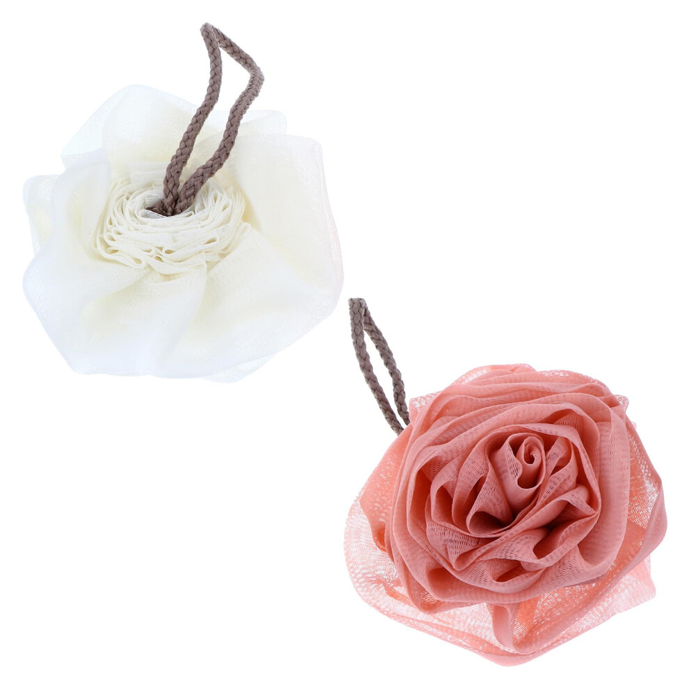 Bath Loofah and Shower Pouf Set, Gentle Exfoliating Mesh Sponges with Flower Design and Hanging Rope