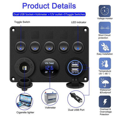 5 Gang  Panel, 12V/24V Inline Fuse Box LED  Panel Dual USB Socket Power Outlet LED Voltmeter for Boat Truck 2