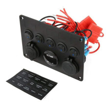 5 Gang Panel, 12V/24V Inline Fuse Box LED Panel Dual USB Socket Power Outlet LED Voltmeter for Boat Truck