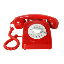 Retro Corded Telephone with Vintage 80s Rotary Dial for Home, Reliable Line Power, Red