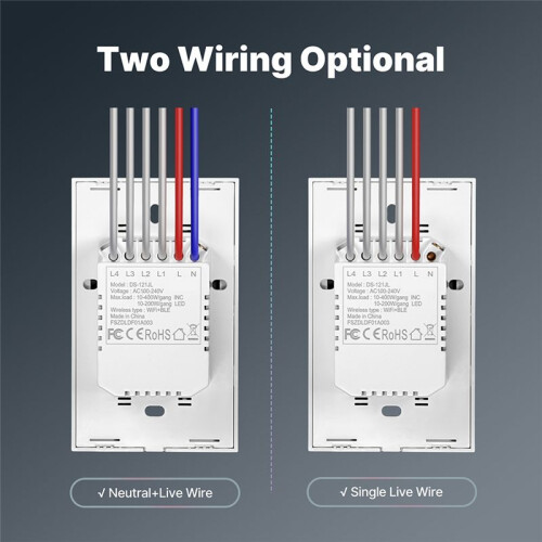 WiFi  Light  Glass Touch Control Fireproof No Neutral Wire Required Remote Control Work,4-Way Rectangular 1