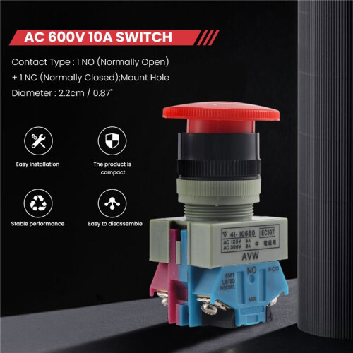 AC 600V 10A Red Mushroom Emergency Stop Push Button  22mm NO NC 2