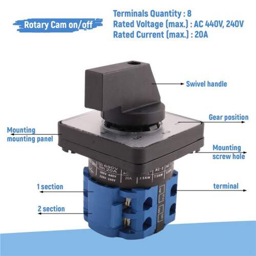 8 Terminals 5 Positions Master Control Rotary Cam  20A Black+ 1