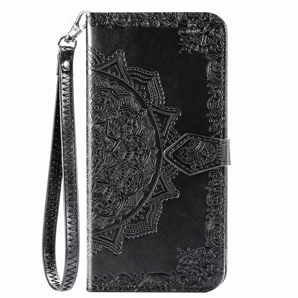Mandala Leather Wallet Case For Samsung Galaxy A13 5G A04s, Magnetic Flip Cover With Card Slots, Stand And Hand Strap, Black 9073542369820