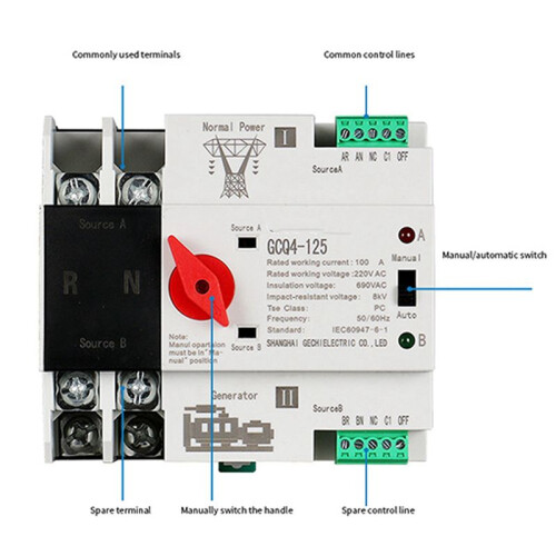 2X Single Phase Din Rail ATS 220V PC Dual Power Automatic Transfer  2P 100A Household Power Transfer 2