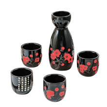 Hand Painted Japanese Sake Set 5Piece Ceramic with Elegant White and Pink Floral Design