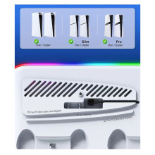 Support de Refroidissement pour PS5/Slim/Pro avec Station de Charge LED pour Manette, Ventilateur à 3 Vitesses pour Console 5, Blanc.
