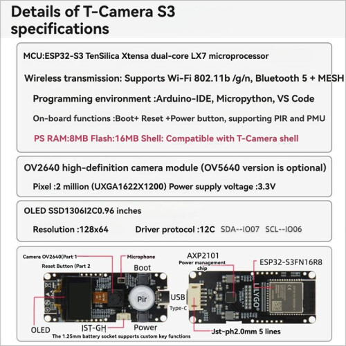LILYGO T-Camera-S3 ESP32-S3 WiFi  Development Board with 0.96-Inch OLED Display 2MPCamera AI-Enabled for IoT Projects