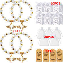 30PC Rosary Bracelets Charms with Angel Wing Acrylic Baptism Beaded Bracelets for Women Men Baptism Favors A