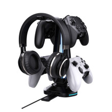 Soporte Multifuncional para Auriculares con Control de Juegos y Iluminación RGB, Dos Puertos de Carga USB y Soporte de Escritorio para Control.