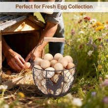 2 PCS Farmhouse Egg 8'' Basket for Gathering Fresh Eggs, Rustic Metal Wire Chicken Eggs Holder Basket