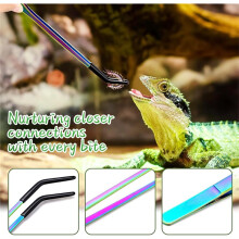 2pcs Stainless Steel Reptile Feeding Tongs with Rubber Tip - 10.6" Straight & Curved Tweezers for Aquariums & Crafts