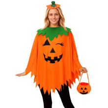 Disfraz de Calabaza de Halloween de 3 Piezas para Mujer con Poncho, Diadema y Bolsa, Perfecto para Fiestas de Disfraces