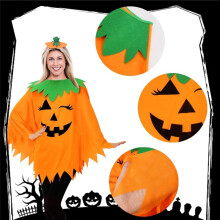 3-Teiliges Halloween-Kürbiskostüm für Damen mit Poncho-Stirnband und Tasche, Perfekt für Kostümpartys