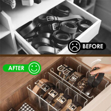 1-Pack Acrylic Belt Organizer for Closet & Drawer - 8 Detachable Compartments, Clear Belt Holder Display Fits Most Sizes