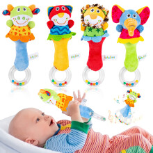 Soft Plush Baby Rattles Set with Bright Animal Patterns and Easy Grip for Newborn Boys and Girls