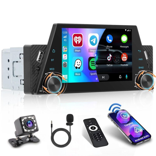 Rádio Automotivo Single Din 5 Polegadas Touchscreen Estéreo Automotivo com CarPlay Android Auto Mirror Link FM USB SWC Câmera de Ré 1
