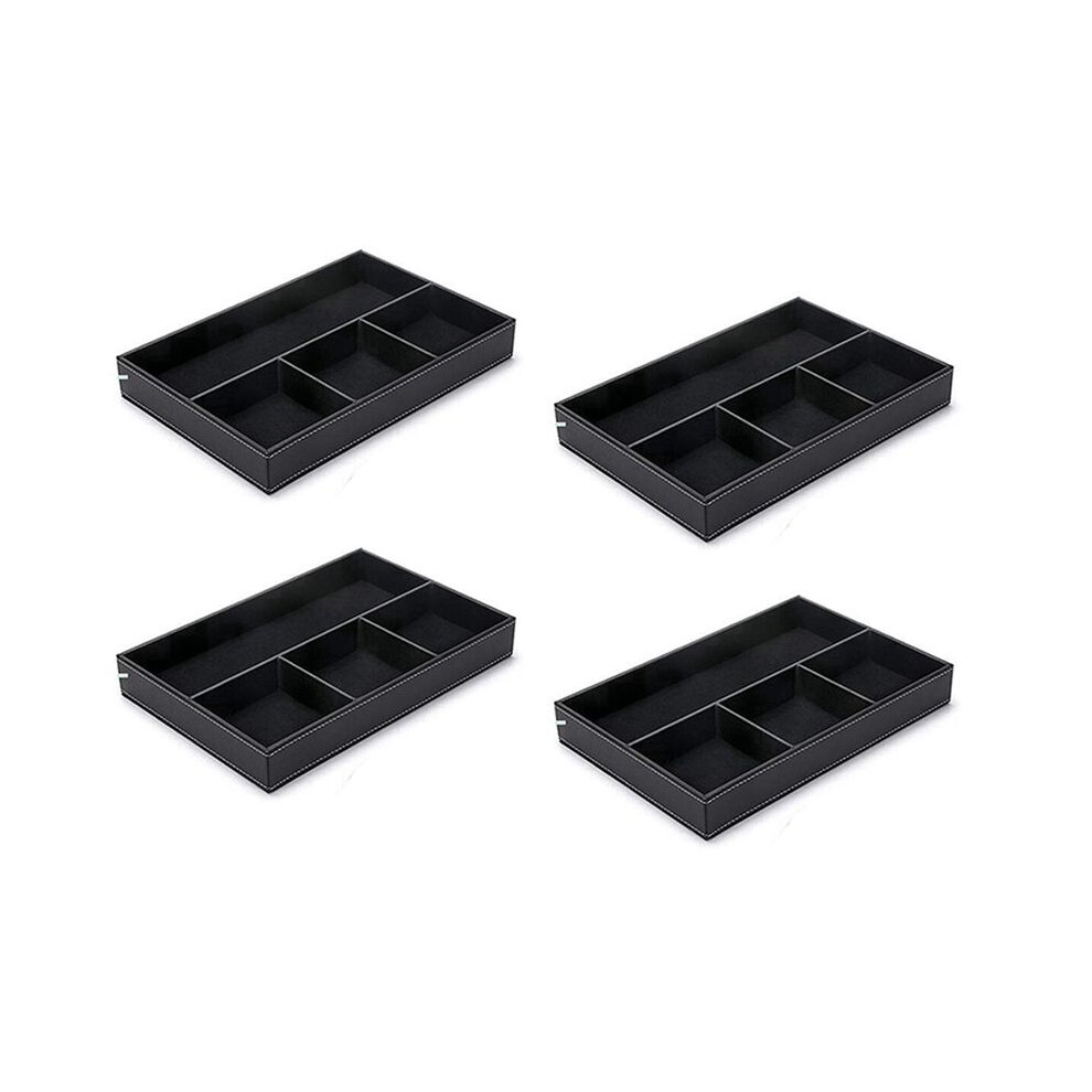 4X 4 Slots Desk Drawer Organizer, Pu Leather Drawer Storage Organizer Divider For Office Desk Supplies Value(Black) 6031754878007