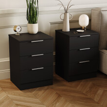 (Black) Trega 3 Drawer Bedside Cabinets Wooden Set of 2
