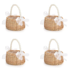 4X Wicker Flower Girl Basket for Weddings, Rattan Flower Basket Handmade Flower Girl Basket with Handle and Ribbon