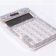 3X Rhinestone Crystal Dazzling 12 Digit Solar and Battery Dual Power ,LCD Display Calculator for Office, School White