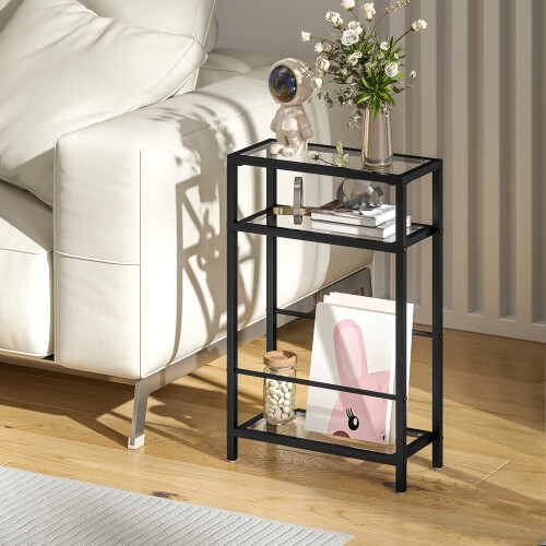 Homcom HOMCOM Slim Side Table, End Table with Tempered Glass Tabletop, Black