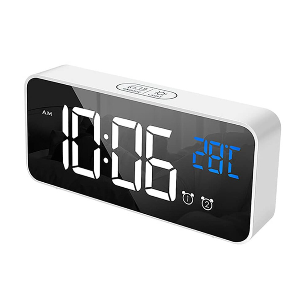 Led Digital Alarm Clock With Mirror Display, Dual Alarms, Temperature And Humidity For Bedroom White