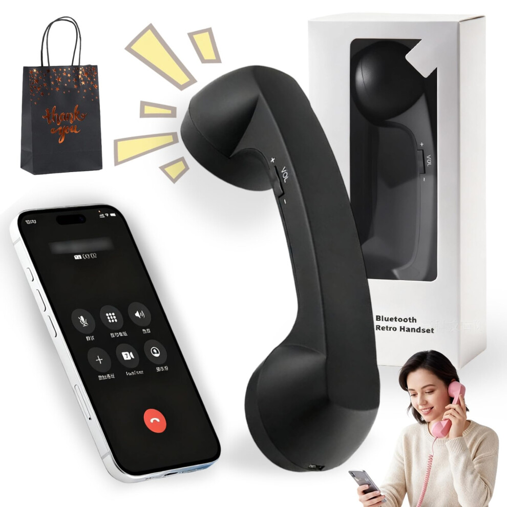 Retro Phone Handset Bluetooth Cordless With Typec Dual Connection Noise Reduction Black 9771547127567