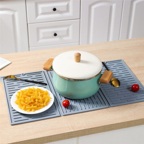 Grey Foldable Tri-Fold Tableware Drying Mat Silicone Draining Mat for Kitchen Counters 1