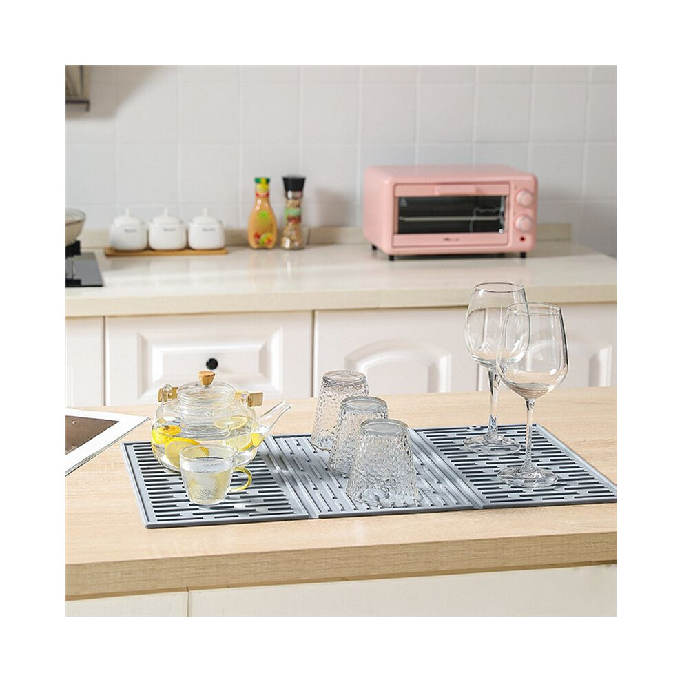Grey Foldable Tri-Fold Tableware Drying Mat Silicone Draining Mat For Kitchen Counters