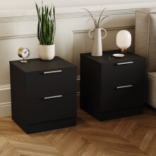 (Black) Trega 2 Drawer Bedside Cabinets Wooden Set of 2